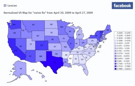 facebook swine flu map 468x297 Usando Facebook Lexicon y Google Flu para seguir la gripe porcina