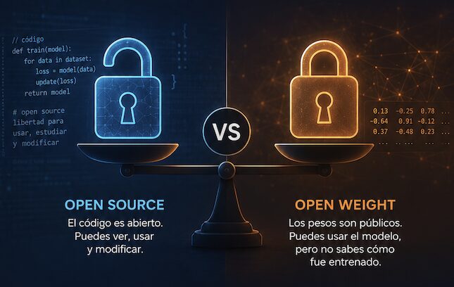 Comparación ilustrada: open source permite ver, usar y modificar el código; open weight ofrece pesos públicos sin revelar necesariamente cómo se entrenó el modelo.