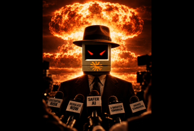 Ilustración de un robot con sombrero frente a una explosión nuclear, como metáfora del miedo a la inteligencia artificial.